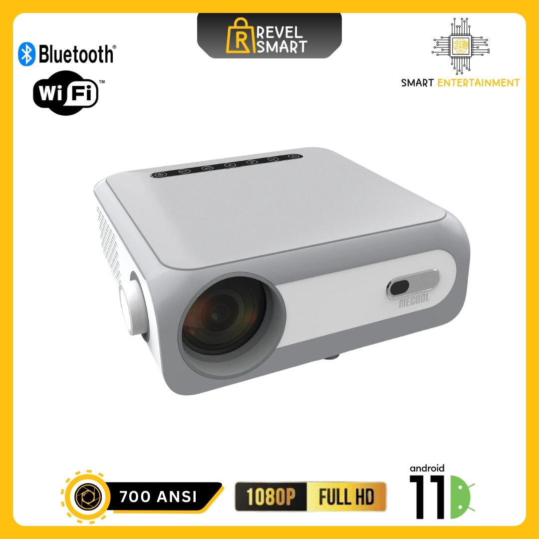 Projector from MECOOL, Version KP1, has a RAM of 1GB and a storage capacity of 8GB. It supports connection with Bluetooth and Wi-Fi
