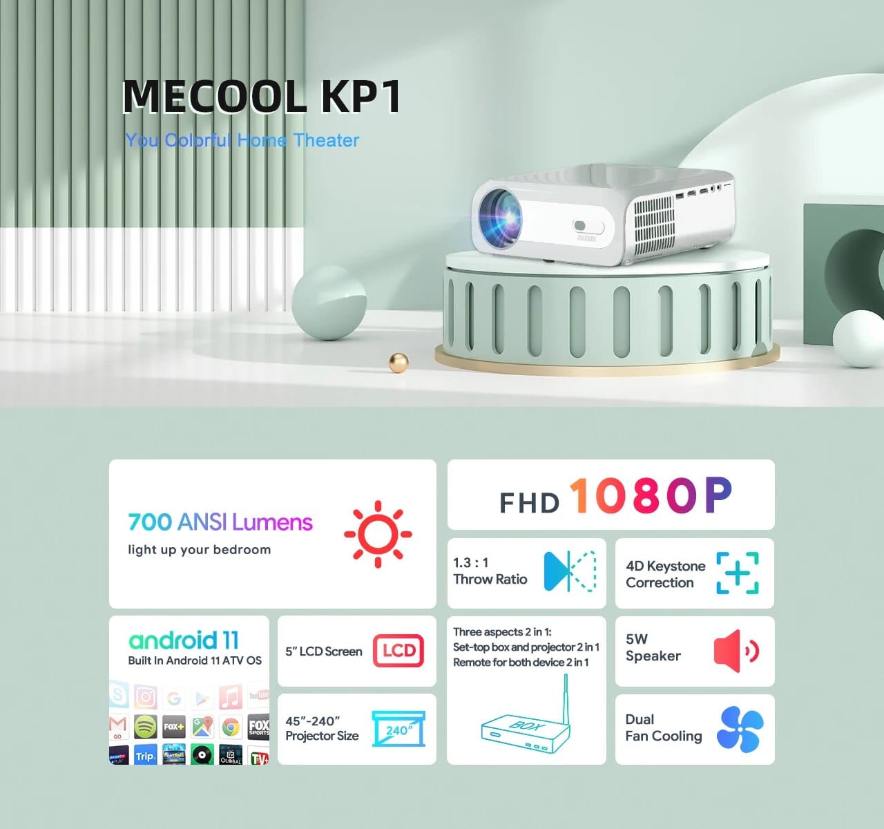 MECOOL UK Plug Projector from MECOOL, Version KP1, has a RAM of 1GB and a storage capacity of 8GB. It supports connection with Bluetooth and Wi-Fi in white color