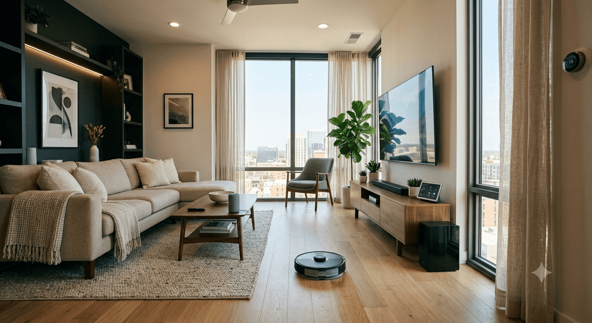 Robot vacuum cleaning hardwood floor next to a sofa