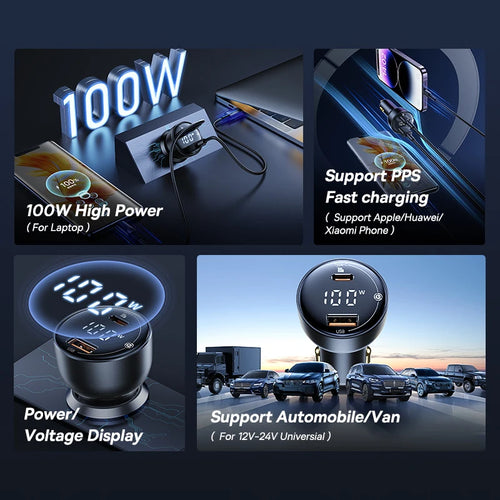 Baseus 100W Γρήγορος Φορτιστής Αυτοκινήτου με Ψηφιακή Οθόνη – Διπλή Θύρα USB-C + USB-A, Υποστήριξη PPS/PD/QC3.0