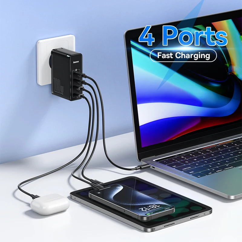 Baseus 100W GaN 4-Port Fast Charger – USB-C & USB-A Power Adapter for Laptops, Tablets, and SmartphonesGaN Fast Charger / Multi-Port Travel Power Adapter