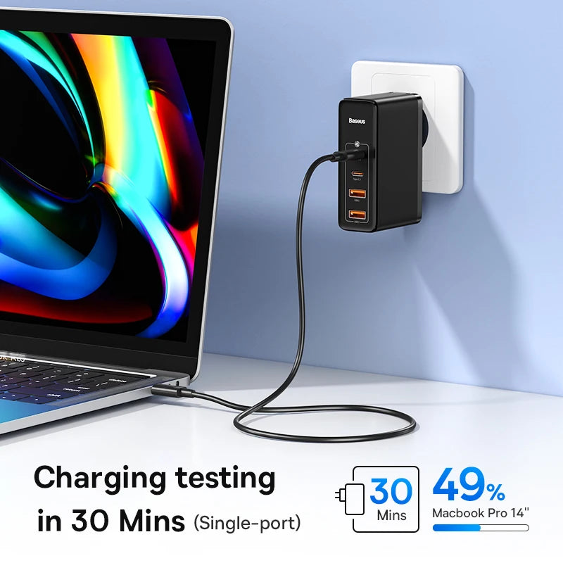 Baseus 100W GaN 4-Port Fast Charger – USB-C & USB-A Power Adapter for Laptops, Tablets, and SmartphonesGaN Fast Charger / Multi-Port Travel Power Adapter