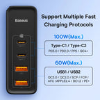 Baseus 100W GaN 4-Port Fast Charger – USB-C & USB-A Power Adapter for Laptops, Tablets, and SmartphonesGaN Fast Charger / Multi-Port Travel Power Adapter