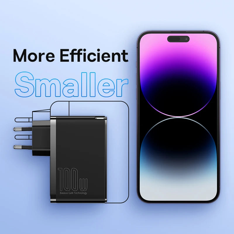 Chargeur rapide GaN 100 W Baseus à 4 ports – Adaptateur secteur USB‑C & USB‑A pour ordinateurs portables, tablettes et smartphonesChargeur rapide GaN / Adaptateur de voyage multi‑ports
