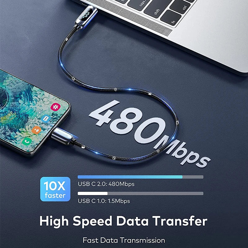 Baseus 100W USB-C to USB-C Display Fast Charging Cable with Power Monitor – E-Marker Chip, 5A Current, Zinc Alloy