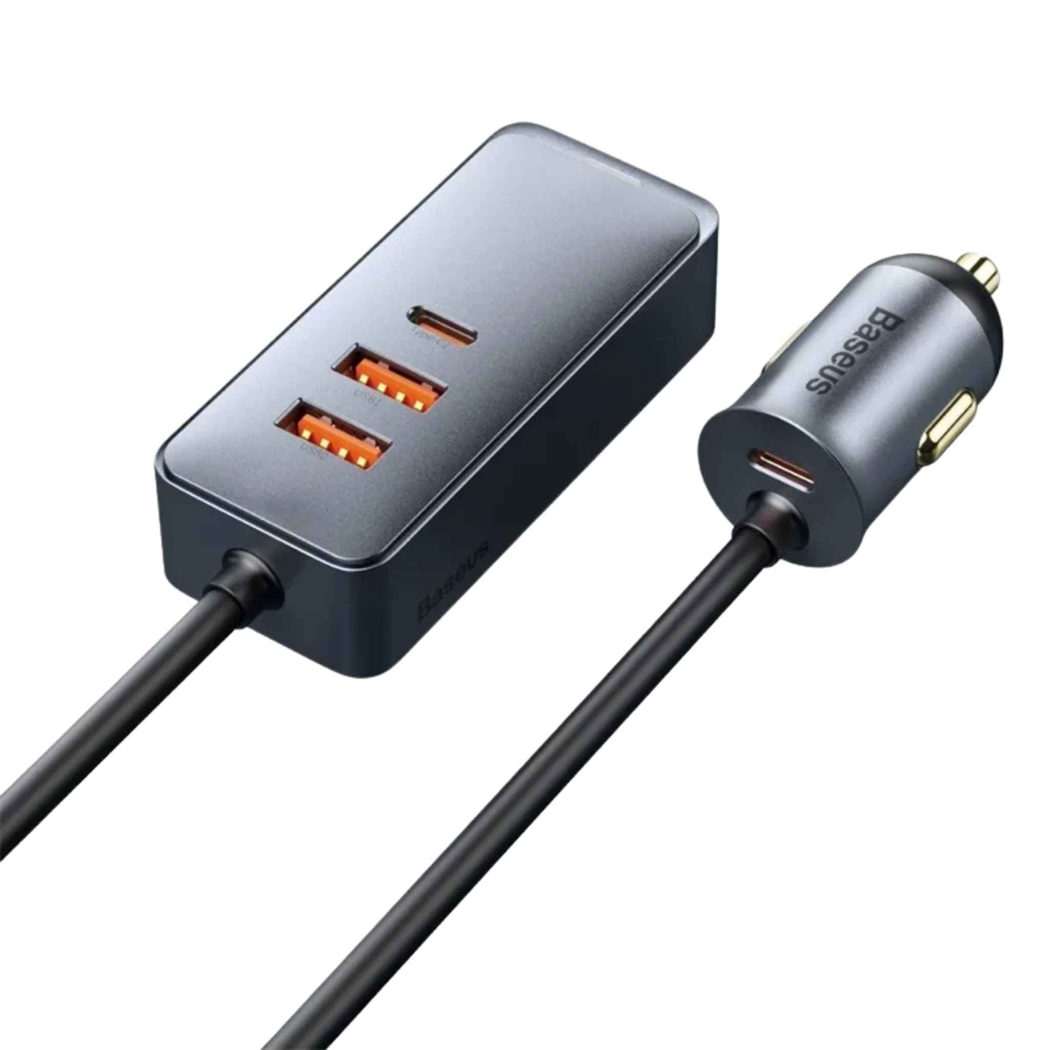 Baseus 120W 4-Port Car Charger with USB-C and USB-A Fast Charging and 1.5m Extension Cord
