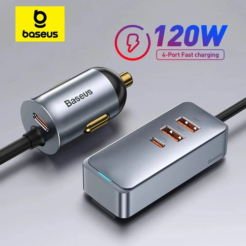 Încărcător auto Baseus 120W cu 4 porturi și cablu de extensie de 1,5 m – Adaptor de încărcare rapidă Dual USB + Dual USB-C pentru vehicule 12V/24V