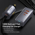Baseus 120W 4-Port Car Charger with 1.5m Extension Cord – Dual USB + Dual USB-C Fast Charging Adapter for 12V/24V Vehicles