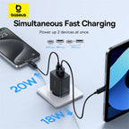 Baseus 20W Mini Dual-Port Fast Charger – USB-A + USB-C PD 3.0 Quick Charge Adapter