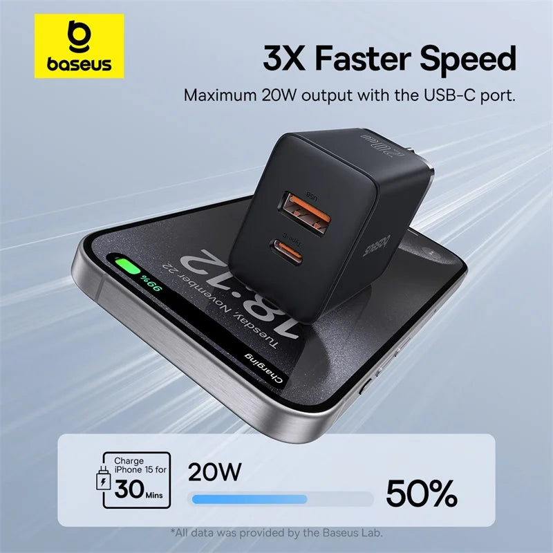 Baseus 20W Mini Dual-Port Fast Charger – USB-A + USB-C PD 3.0 Quick Charge Adapter