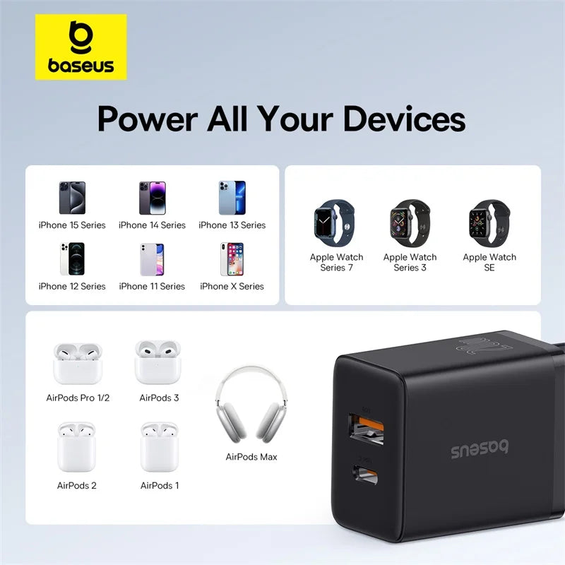 Baseus 20W Mini Dual-Port Fast Charger – USB-A + USB-C PD 3.0 Quick Charge Adapter