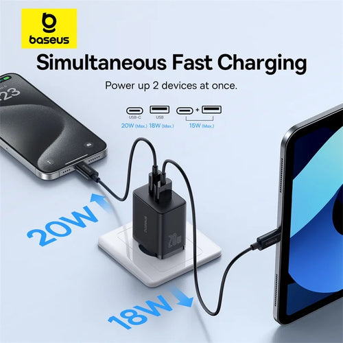 شاحن Baseus صغير مزدوج المنفذ بقوة ٢٠ واط – USB-A + USB-C PD 3.0 للشحن السريع