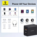 Baseus 30W Dual Port USB-C & USB Fast Charger – PD & QC Compatible Wall Adapter for iPhone, Samsung, and More