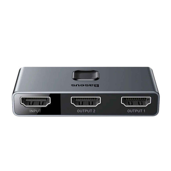 Baseus 4K HDMI Switch Splitter with digital display, supports 1x2 or 2x1 switching, 4K resolution, and audio sync
