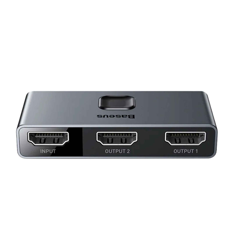 Baseus 4K HDMI Switch Splitter with digital display, supports 1x2 or 2x1 switching, 4K resolution, and audio sync

