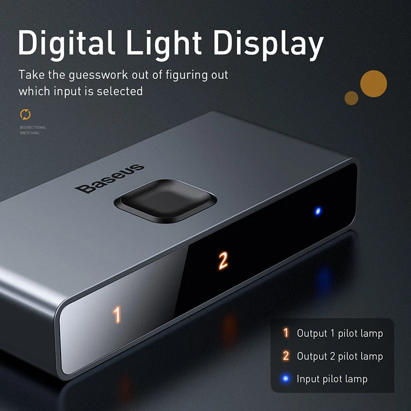 Commutateur HDMI 4K Baseus – Répartiteur HDMI 1x2 ou 2x1 bidirectionnel avec synchronisation audio et affichage numérique