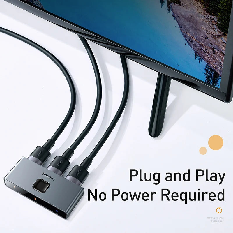 Commutateur HDMI 4K Baseus – Répartiteur HDMI 1x2 ou 2x1 bidirectionnel avec synchronisation audio et affichage numérique