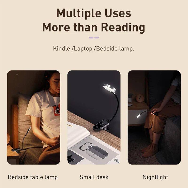 Baseus Comfort Reading Mini Clip Lamp – 3-Level Dimmable LED Eye Protection Light for Reading, Study, and Night UseLED Desk Lamp