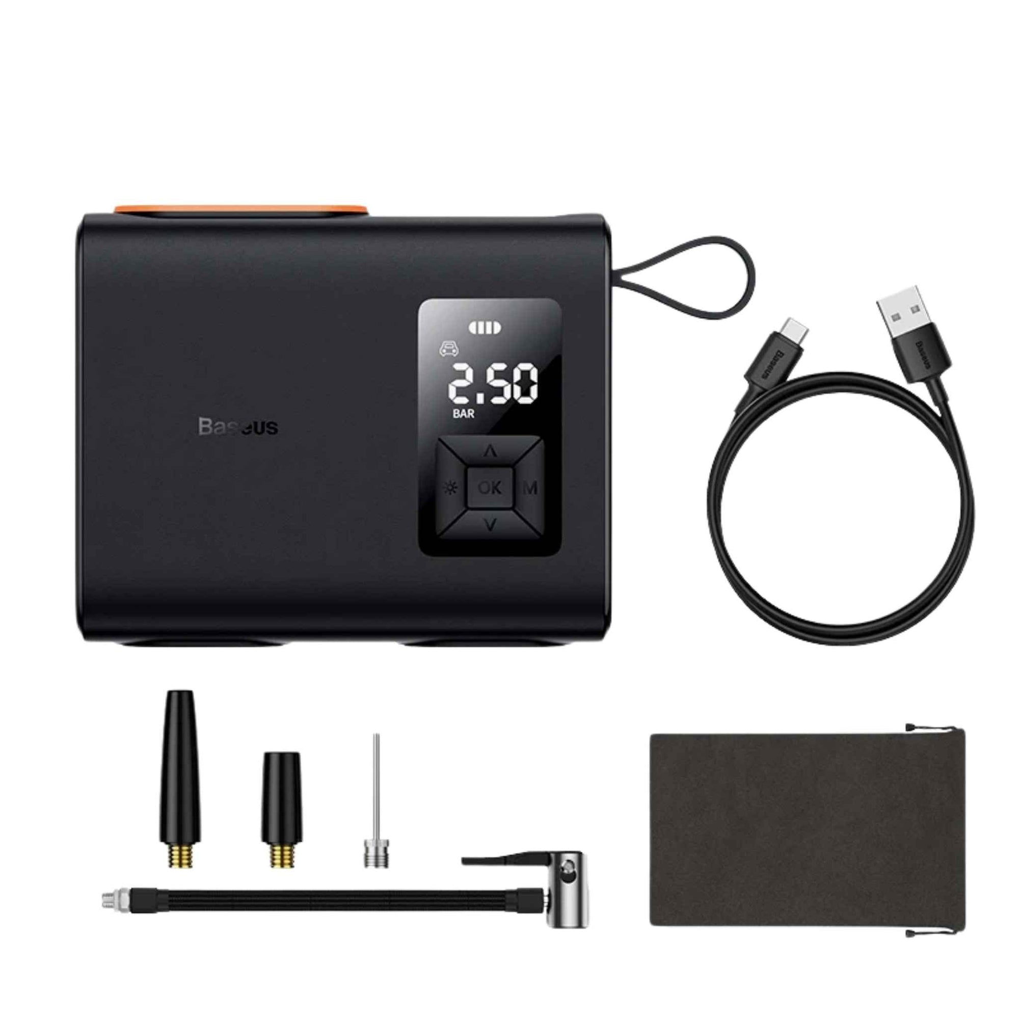 Baseus Dual Cylinder Wireless Tire Inflator with LCD Display, 6000mAh Battery, and Auto Stop Function
