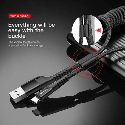 Baseus スプリング巻き取り式 USB-A to USB-C ケーブル 2A 急速充電 – 1M
