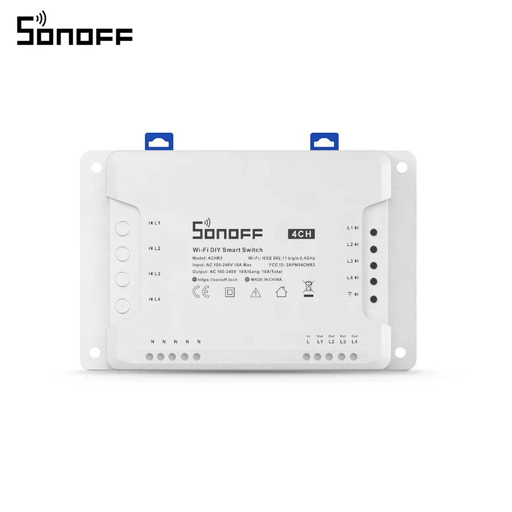 وحدة تبديل واي فاي ذكية، من SONOFF، إصدار 4CHR3، أقصى حمل 10 أمبير، تدعم التحكم في 4 أجهزة، قطعتين