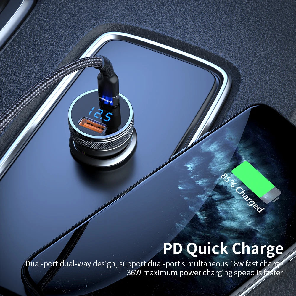 Essager 36W Dual Port Car Charger with QC3.0 - Fast USB-A Charging Adapter for Smartphones & Tablets