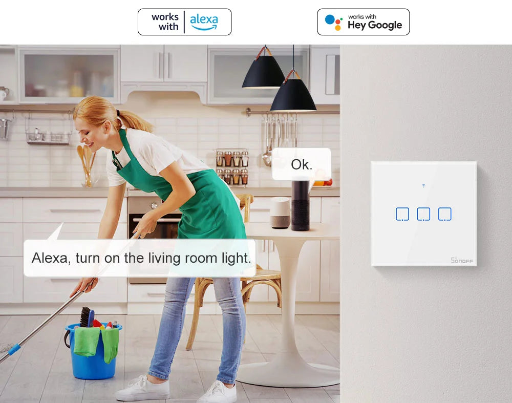 SONOFF T2EU TX Smart WiFi Touch Wall Light Switch – with RF & Voice Control