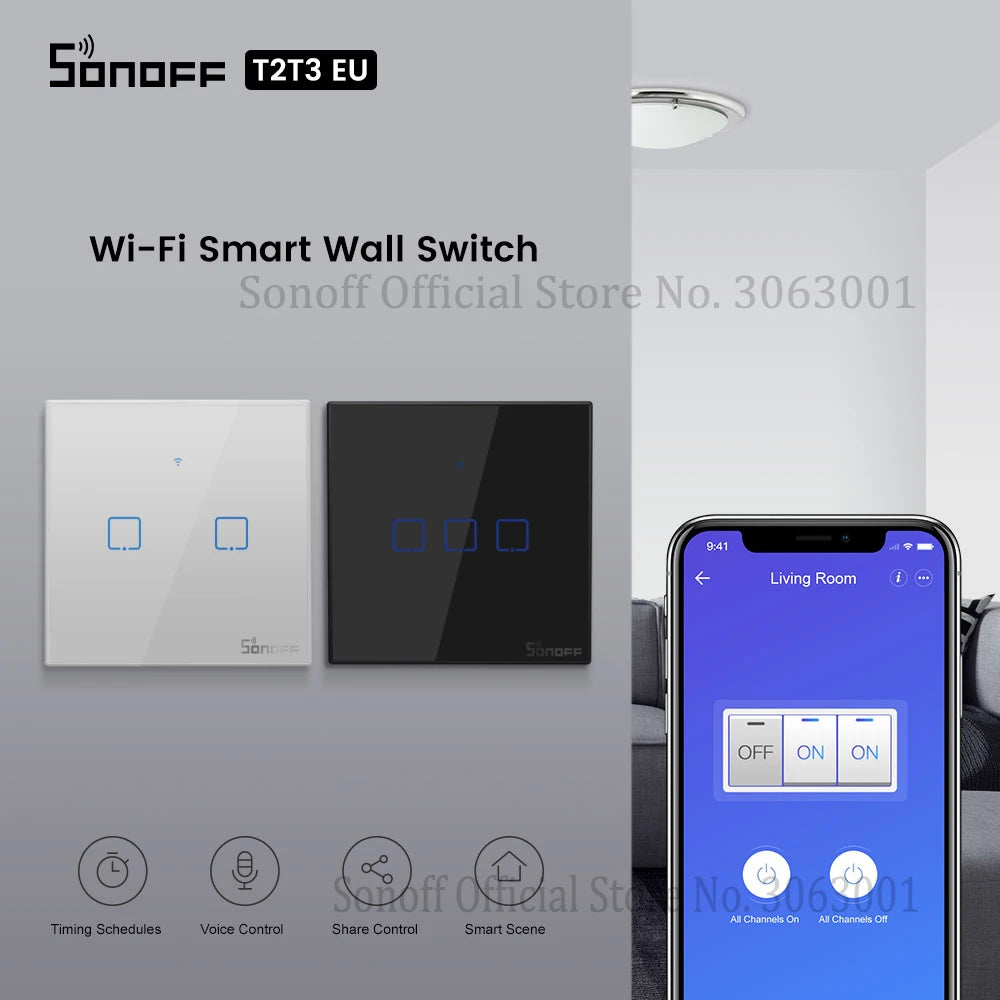 مفاتيح إضاءة حائط ذكية، من SONOFF، إصدار T2، تدعم وحدة التحكم WIFI RM433، الحد الأقصى للحمل 300 وات