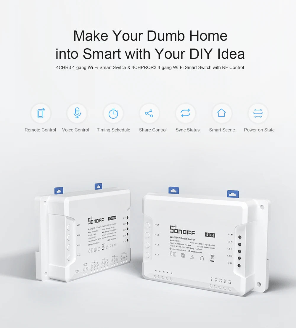 Sonoff 4CH R3 Wi-Fi Smart Switch - 4 Gang Remote Control