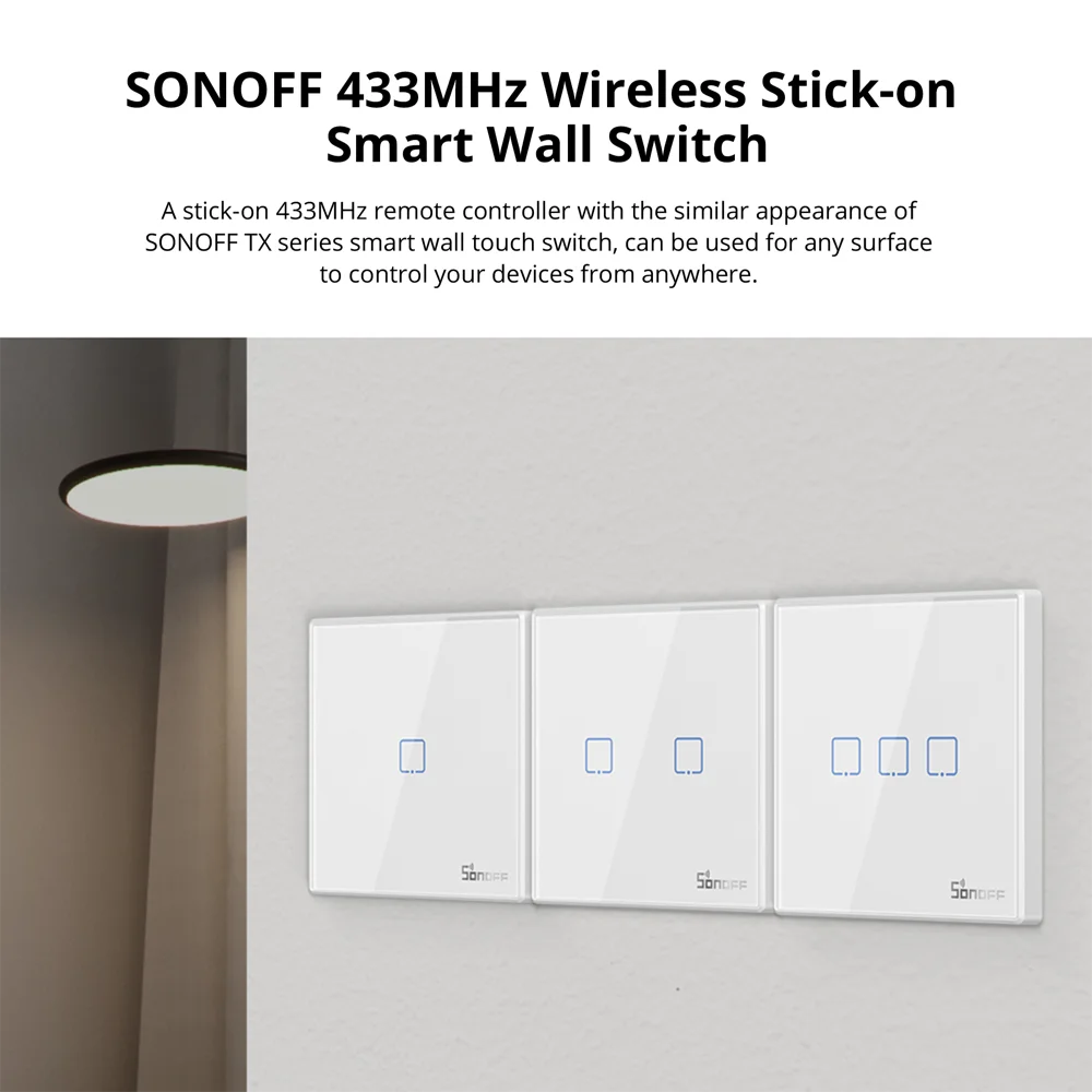 Τηλεχειριστήριο SONOFF Τύπου 86 RF – Ασύρματος Διακόπτης Τοίχου 433MHz με Αυτοκόλλητη Τοποθέτηση