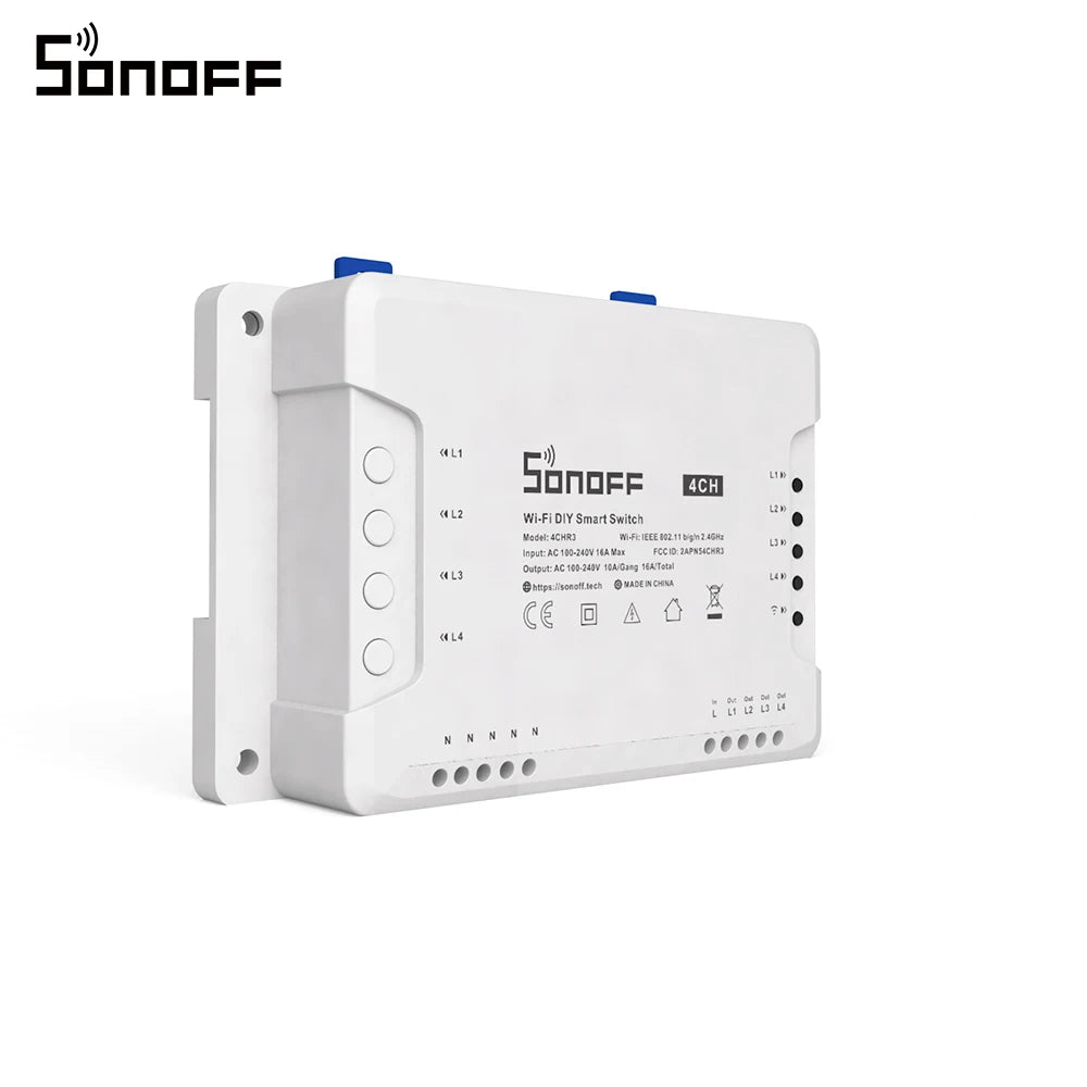 وحدة تبديل واي فاي ذكية، من SONOFF، إصدار 4CHR3، أقصى حمل 10 أمبير، تدعم التحكم في 4 أجهزة، قطعتين