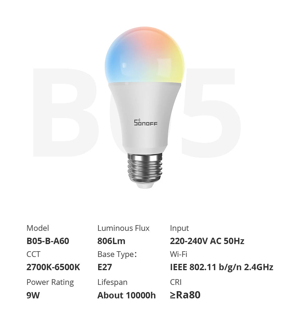 Smart Lighting Wi-Fi, B05-BL-A60 Version, Lamp E27, Bulb Dimmer, LED, 2 pieces, From SONOFF