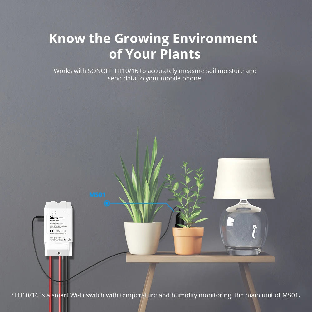 Soil Moisture Sensor WiFi, From SONOFF, MS01 Version, With LCD Screen, IP55 Waterproof, maxload 20A, With 5 meter cable