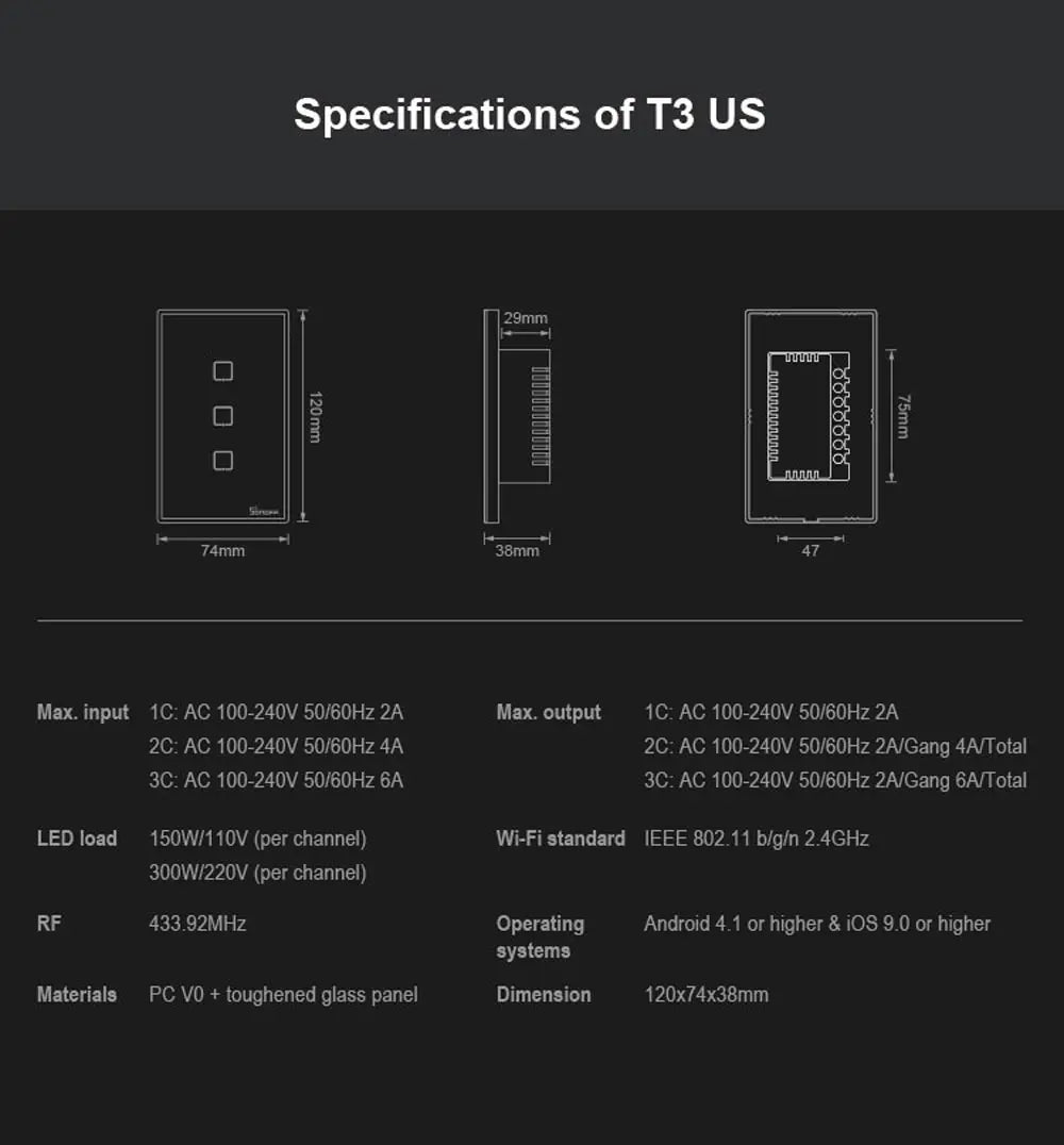 SONOFF T3US Smart WiFi Touch Wall Switch | Wireless Light Control