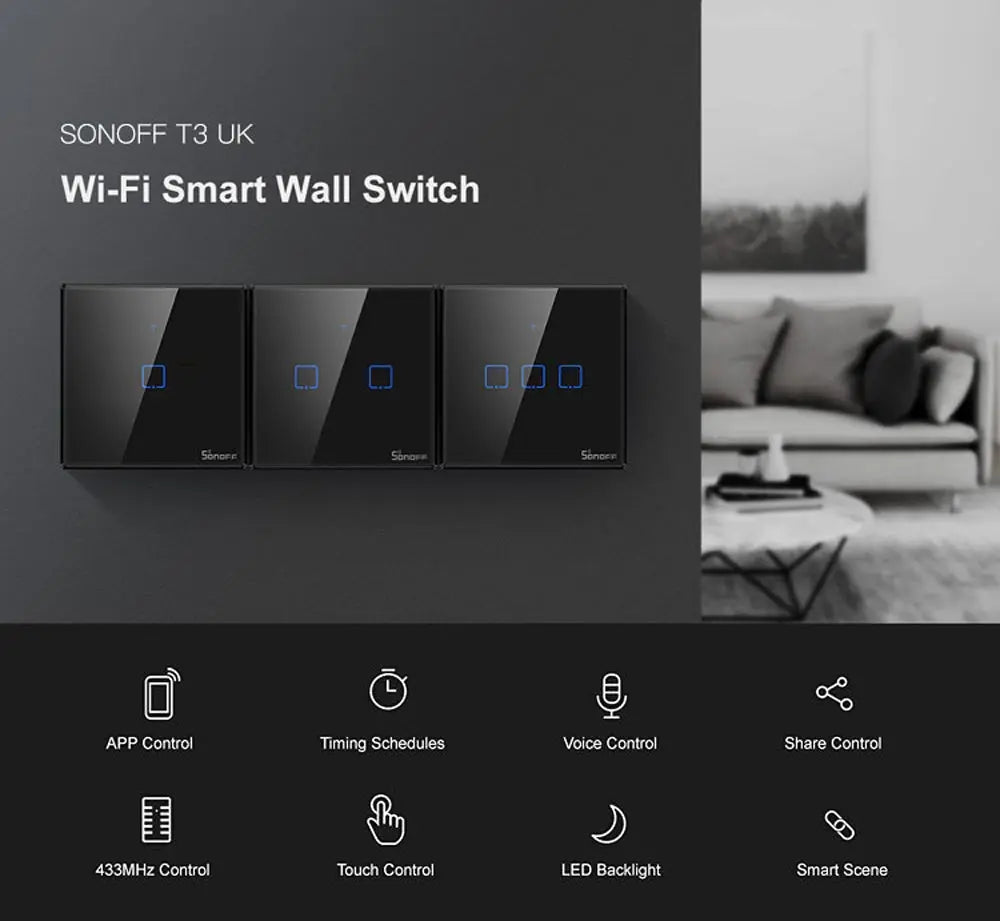 Smart Wall Light Switches, From SONOFF, T3UK version, Supports WIFI 433 RF Remote Control, Maxload 480W