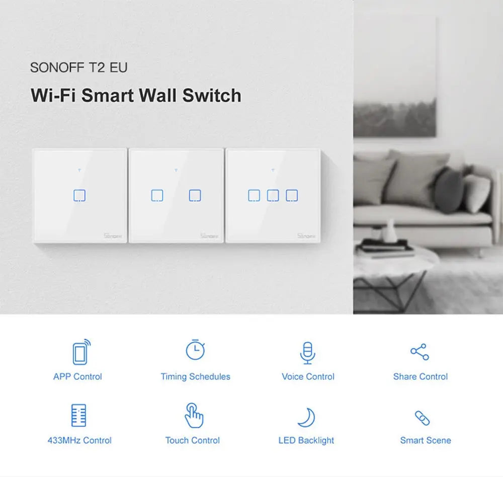 SONOFF T2EU TX Smart WiFi Touch Wall Light Switch – with RF & Voice Control