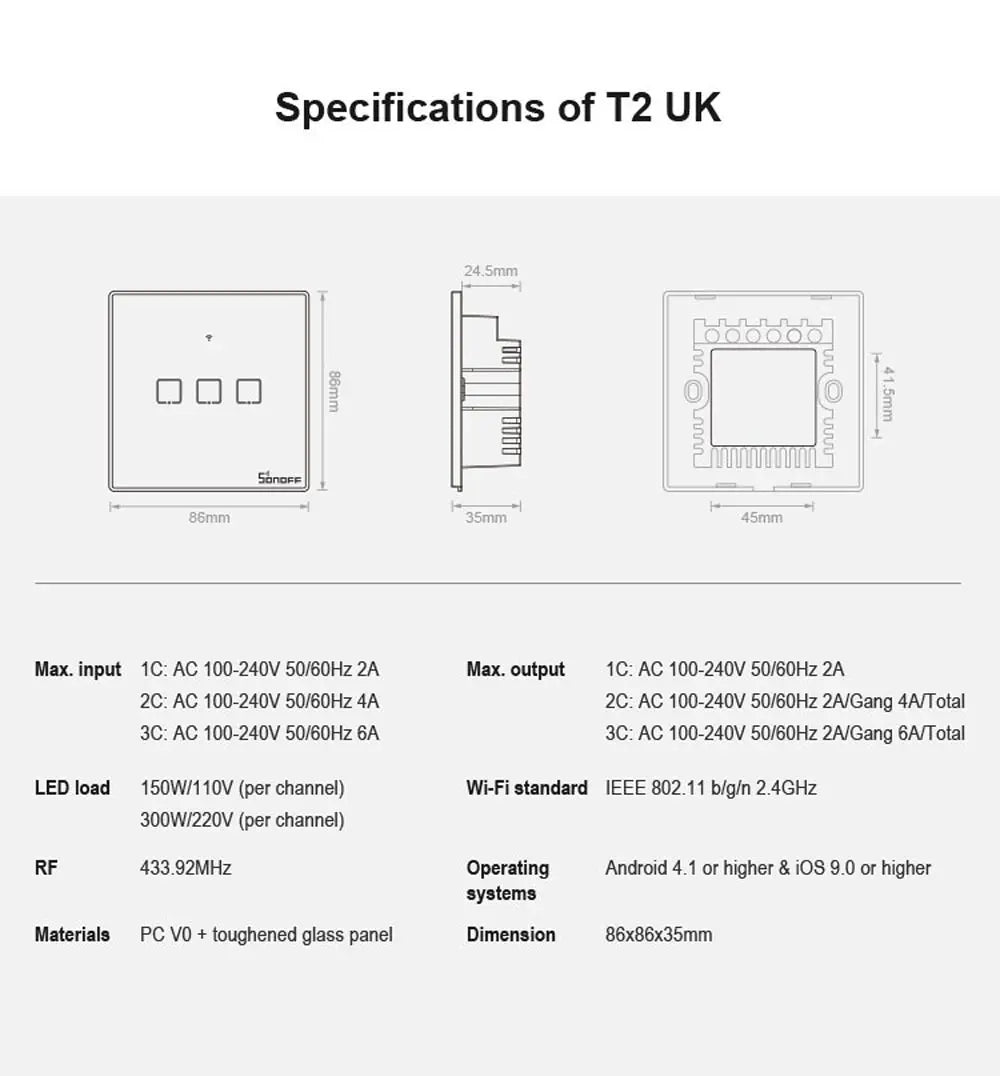 SONOFF T2UK TX Smart Wifi -kosketusseinävalokatkaisija, langaton älykotikatkaisija