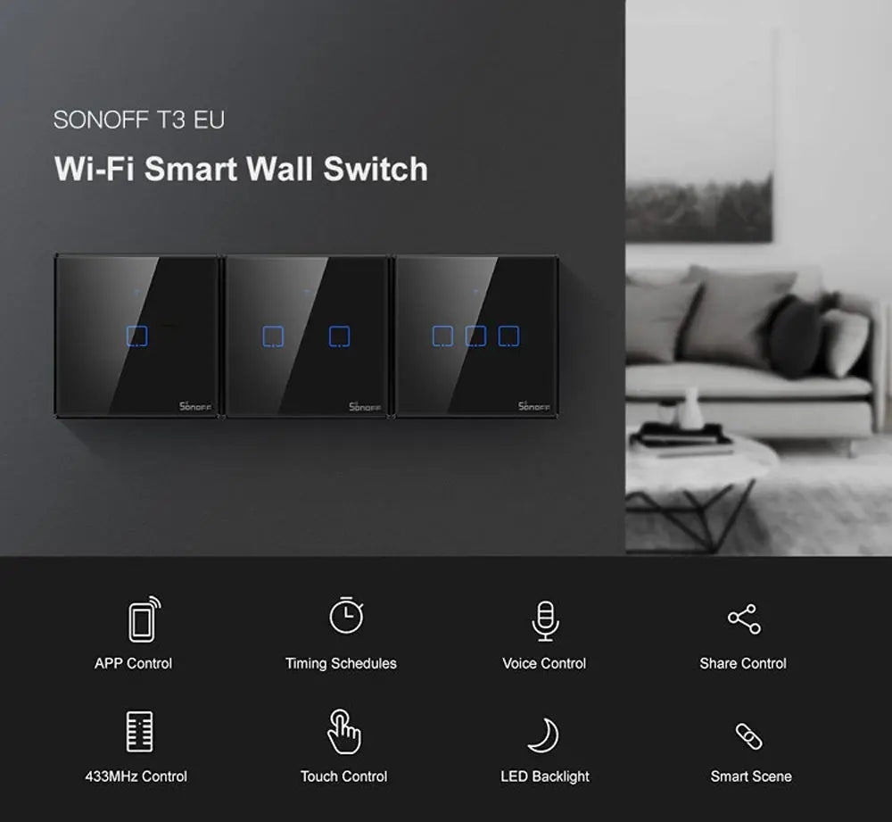 Smart Wall Light Switches, From SONOFF, T3 version, Supports WIFI, Maxload 480W