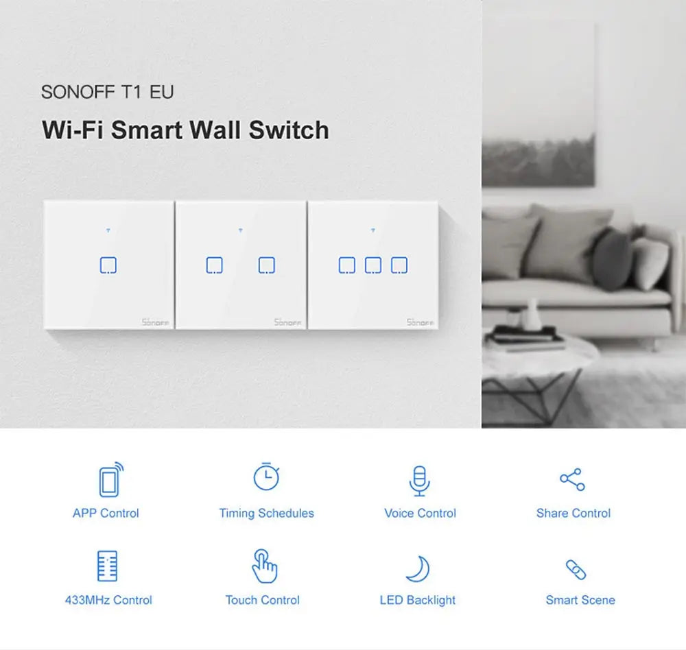 SONOFF T1EU TX Smart WiFi Touch Wall Light Switch – EU Style, Voice & RF Control