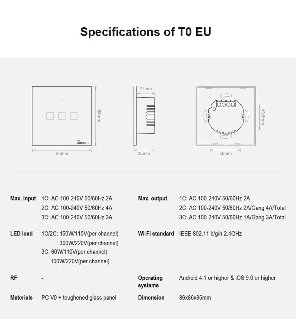 SONOFF T0EU WiFi Smart Wall Switch | Touch Control & Voice Control