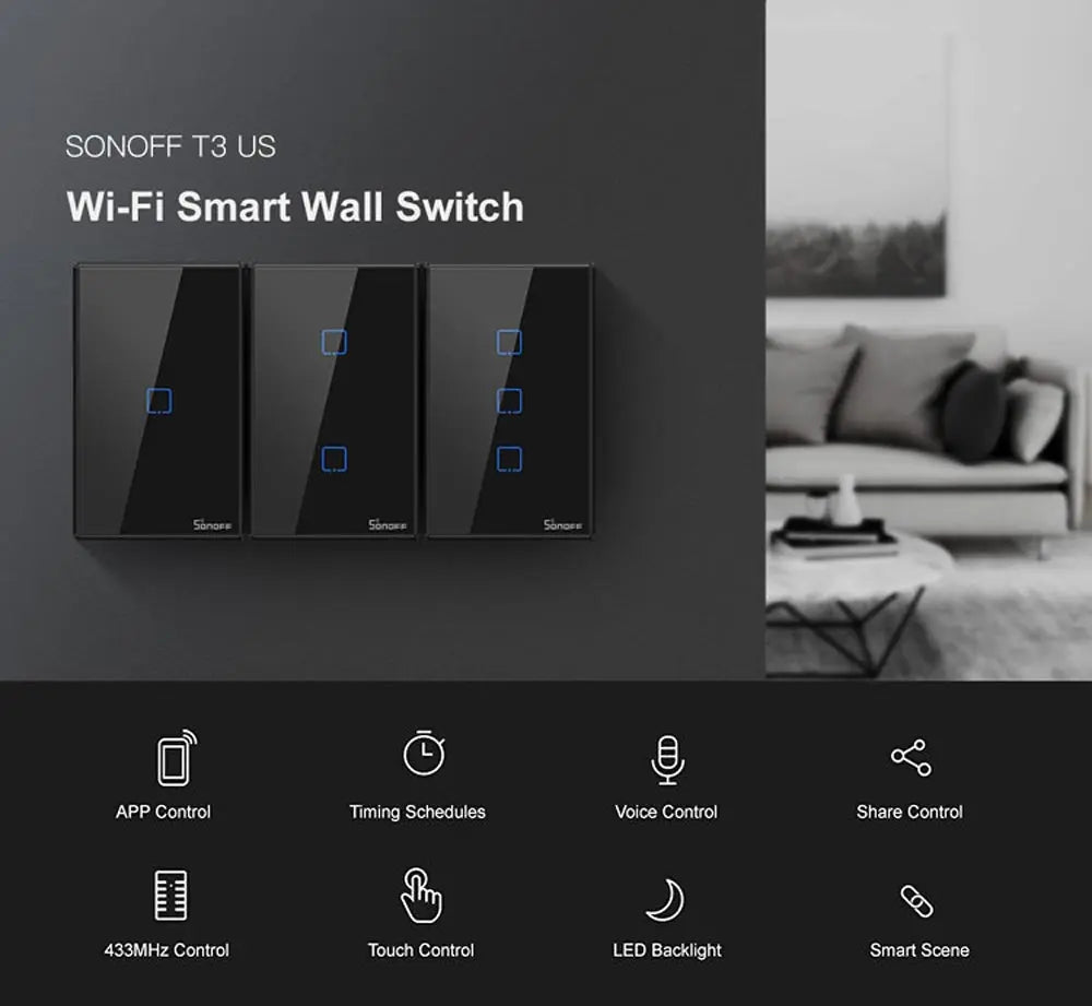 SONOFF T3US Smart WiFi Touch Wall Switch | Wireless Light Control