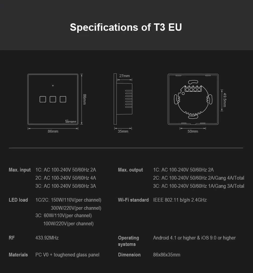 SONOFF T3EU TX スマートWiFiタッチ壁スイッチ – ブラック（フレーム付き）、リモコン & 音声操作対応