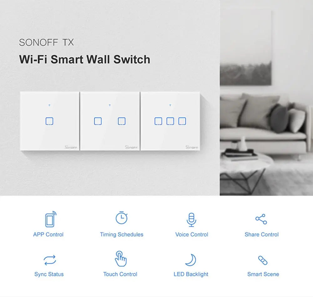 مفاتيح إضاءة حائط ذكية، من SONOFF، إصدار T0 في المملكة المتحدة، تدعم WiFi، أقصى حمل 480 وات