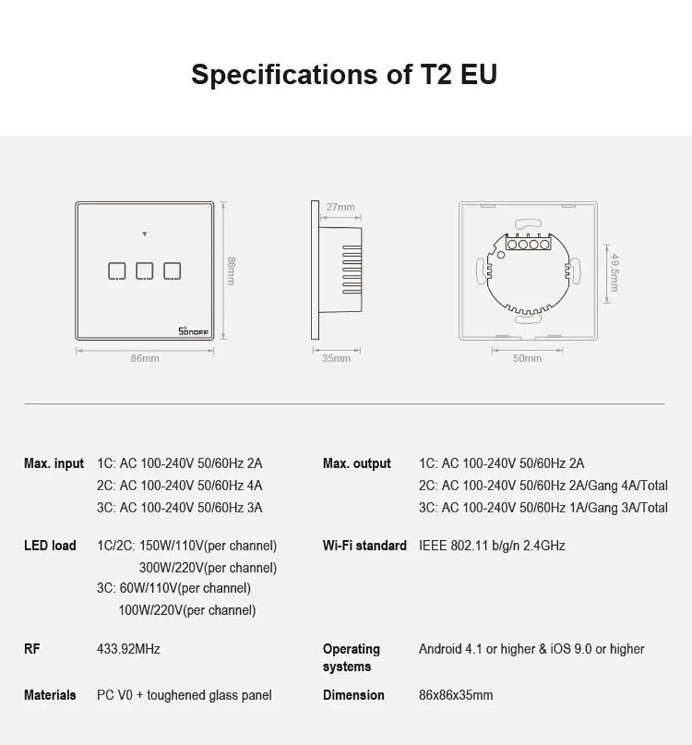 SONOFF T2EU TX Smart WiFi Touch Wall Light Switch – with RF & Voice Control