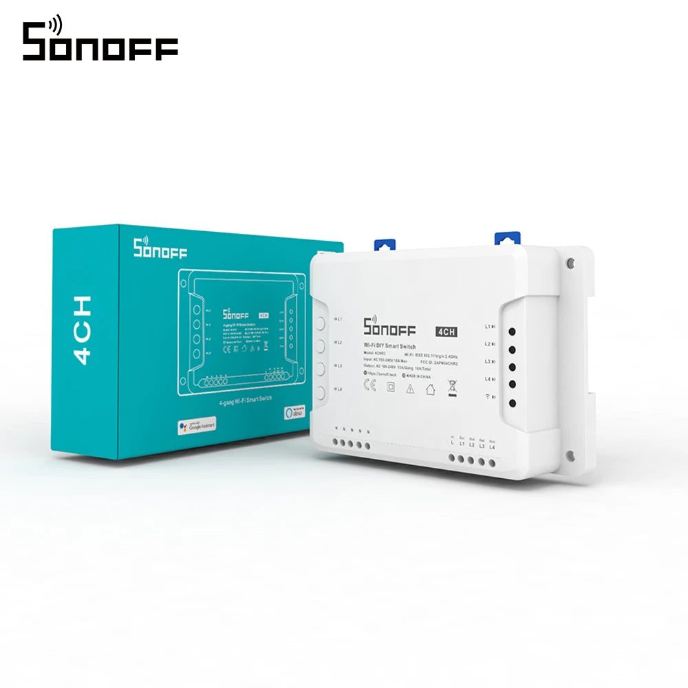 وحدة تبديل واي فاي ذكية، من SONOFF، إصدار 4CHR3، أقصى حمل 10 أمبير، تدعم التحكم في 4 أجهزة، قطعتين