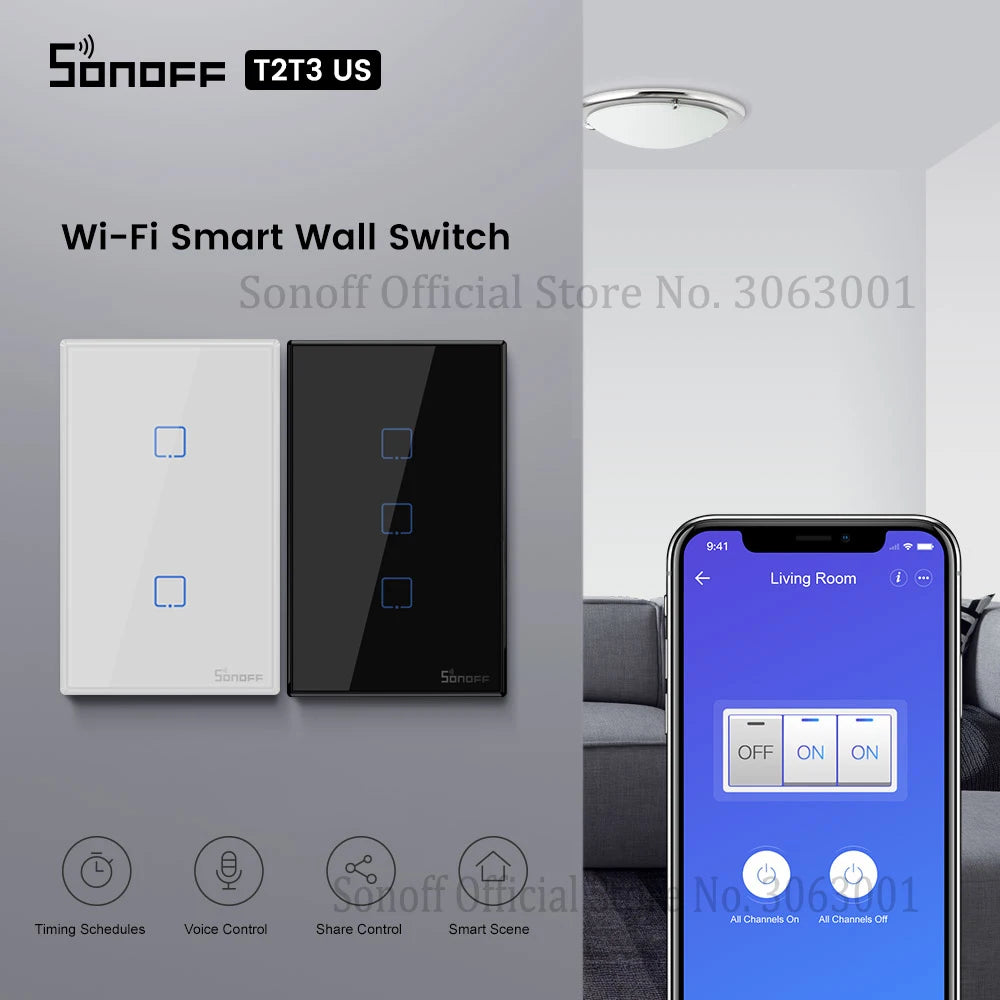 مفاتيح إضاءة الحائط الذكية، من SONOFF، إصدار T2، تدعم WIFI، أقصى حمولة 480 وات