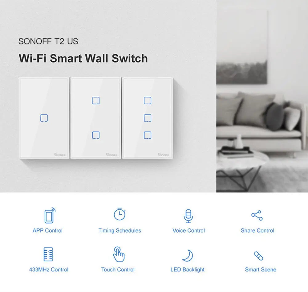 Sonoff T2 US inteligentný nástenný WiFi vypínač – s dotykovým a RF ovládaním