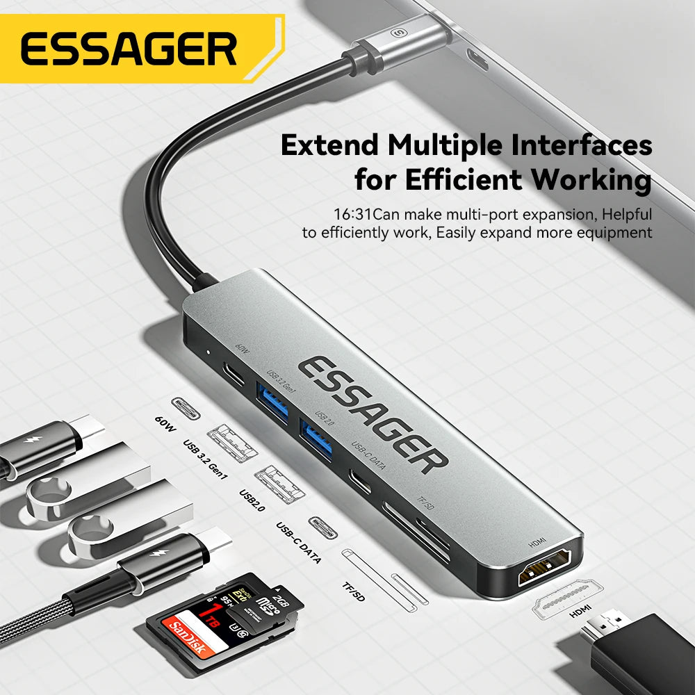 USB Hub Type-C, From Essager, 60W fast charging