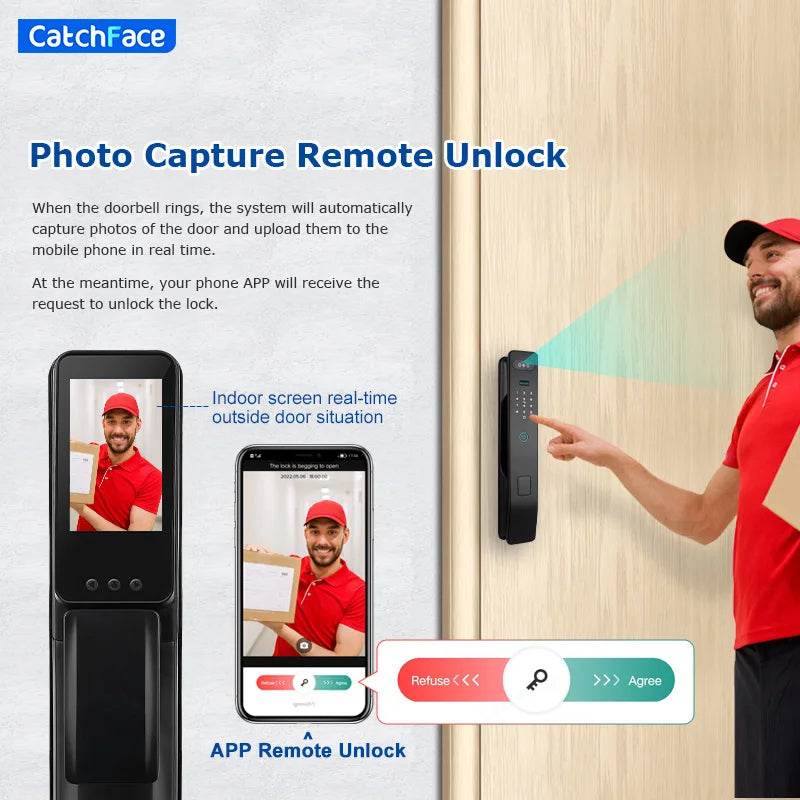 Tuya Face Recognition Smart Door Lock – WiFi Camera, Fingerprint & Indoor Screen