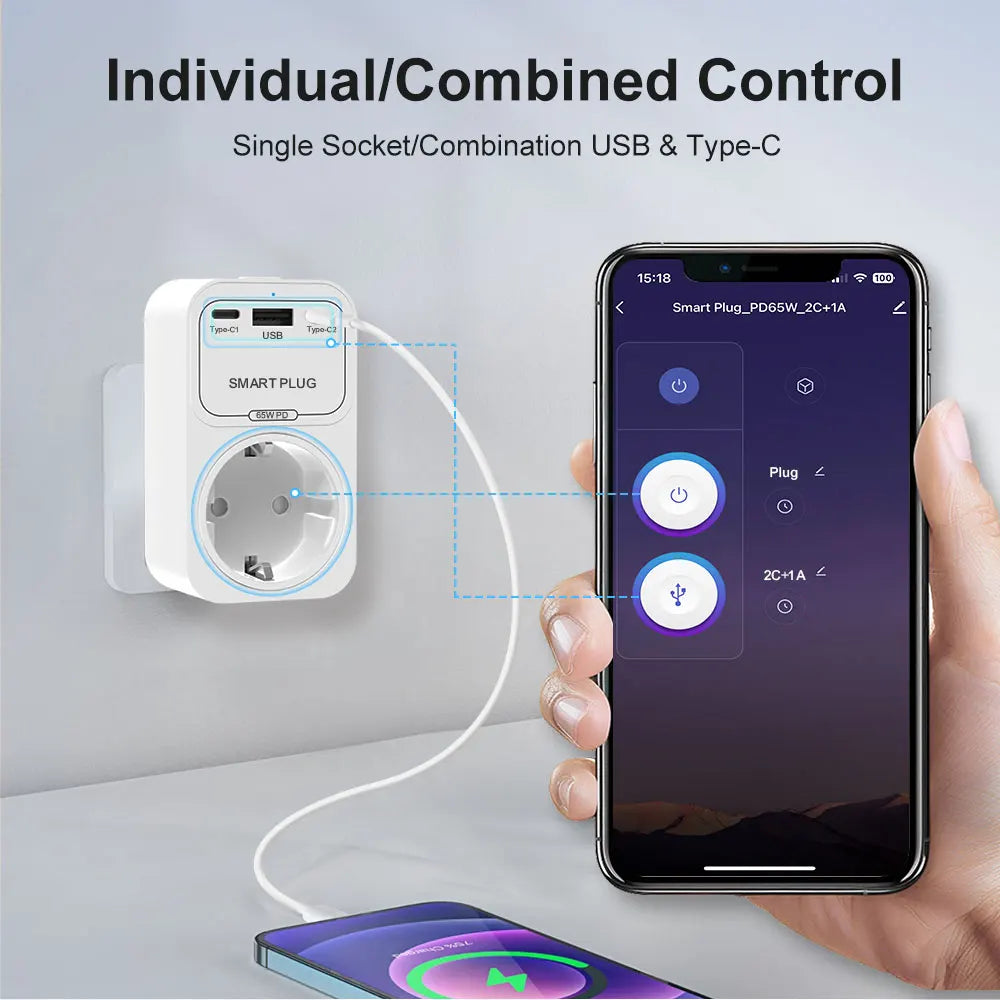 AVATTO Tuya WiFi Smart Socket – 65W GaN USB-C/USB-A PD Fast Charger (EU)